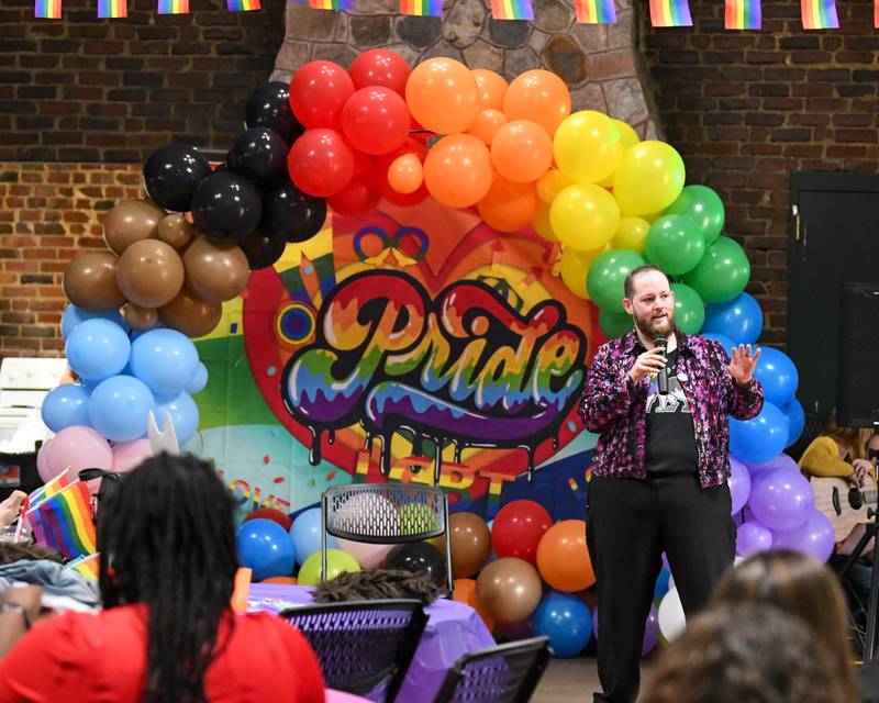 Sata Prescott, preservation coordinator of the University Libraries at Northern Illinois University, speaks during the inaugural Pride in the 815 event to kick off Pride Month in DeKalb County held on Saturday June 1, 2024.