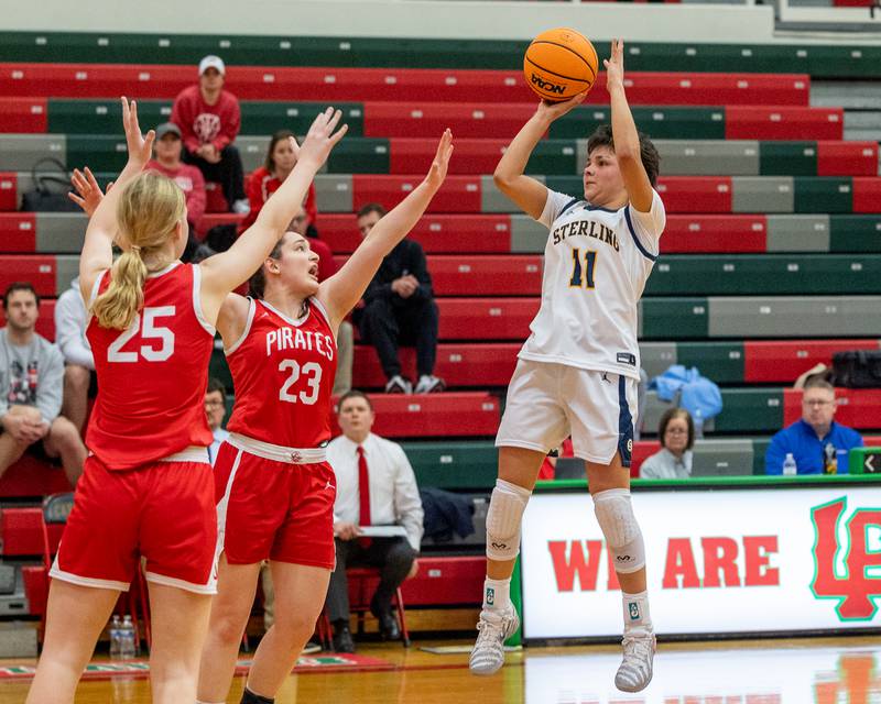 Joslynn James (11) of Sterling shoots midrange shot over Ottawa's defense during Regional Championship game on Thursday, Feb. 19, 2026 in Sellett Gymnasium at L-P High School.