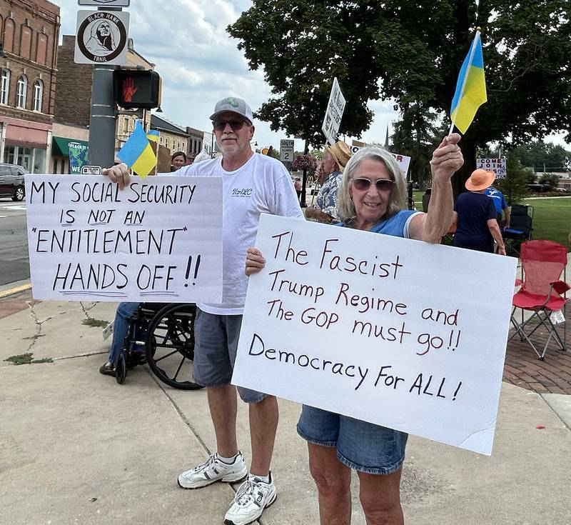 Around 60 people took part in Indivisible of Ogle County's  rally Saturday, Aug. 16, 2025 in Oregon to protest policies and executive orders by President Donald Trump and his administration.