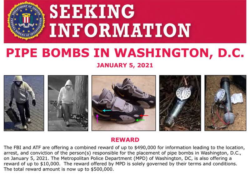 FILE - This image shows part of a "Seeking Information" notice released by the Federal Bureau of Investigation regarding pipe bombs planted outside offices of the Democratic and Republican national committees in Washington on Jan. 5, 2021, on the eve of the attack on the Capitol. (FBI via AP, File)