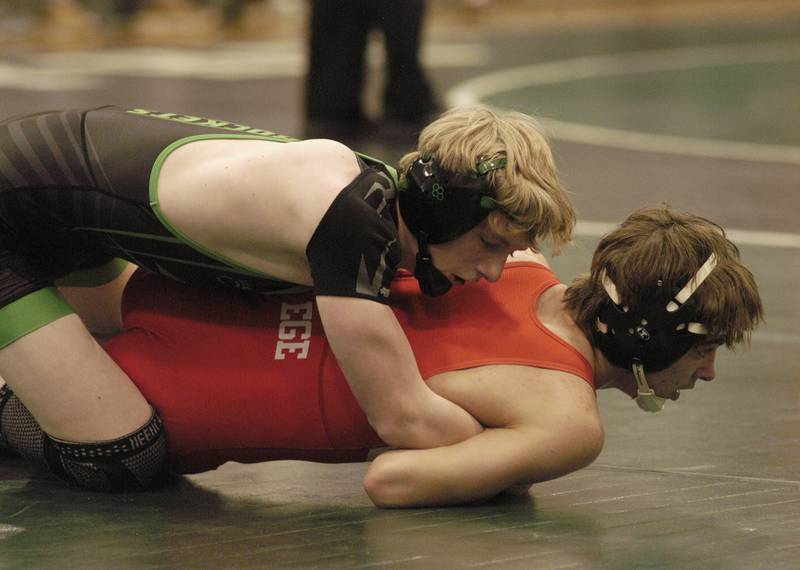 Tucker Ulrich of Rock Falls  ties up an Oregon wrestler. Rock Falls, Dixon, Oregon and La-Salle Peru wrestle in meet at Rock Falls. The event took place on January 21, 2026.