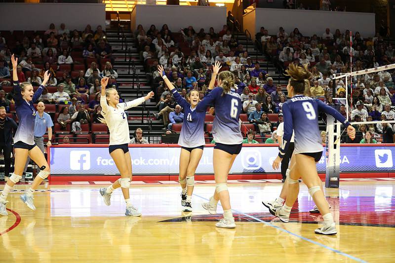 Members of the Nazareth Academy volleyball team celebrate after defeating Taylorville in the Class 3A semifinal game on Friday, Nov. 11, 2022 at Redbird Arena in Normal.