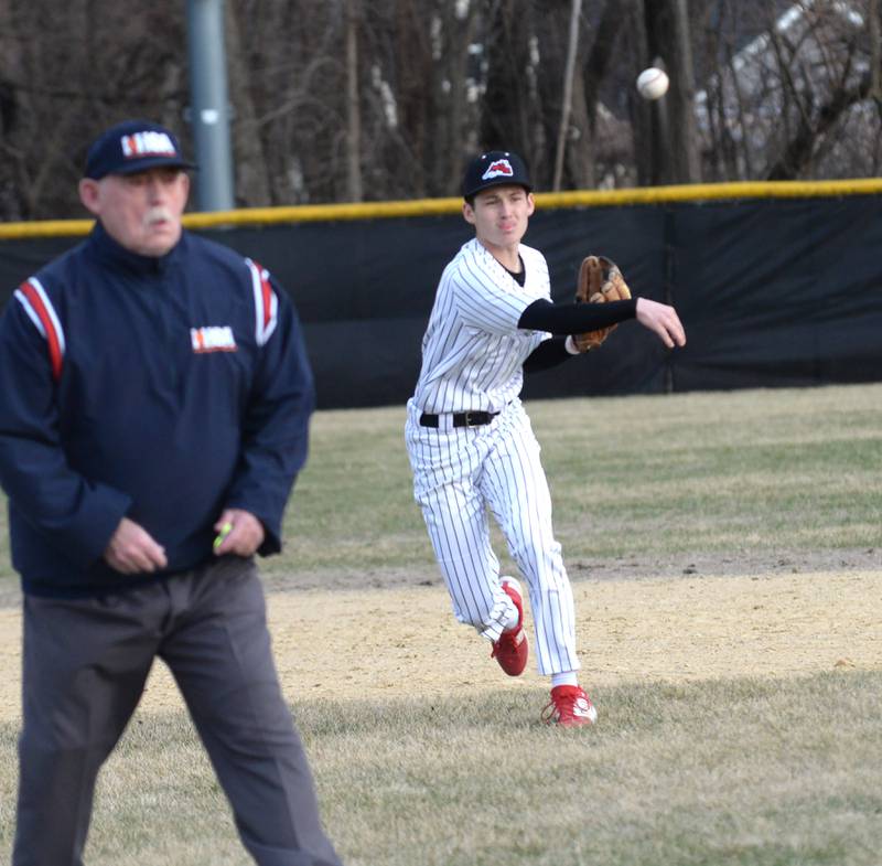 Fulton shortstop Braedon Brennan throws to first for an out during a game with Morrison on Friday, March 21, 2025 at Drives Field in Fulton.