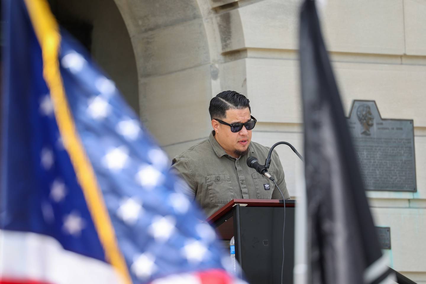 Eric Peterson, superintendent at the Veterans Assistance Commission of Kankakee County, delivers the Memorial Day message on Monday, May 26, 2025, during the Kankakee County Veterans' Council annual Memorial Day Ceremony at the Kankakee County Courthouse.
