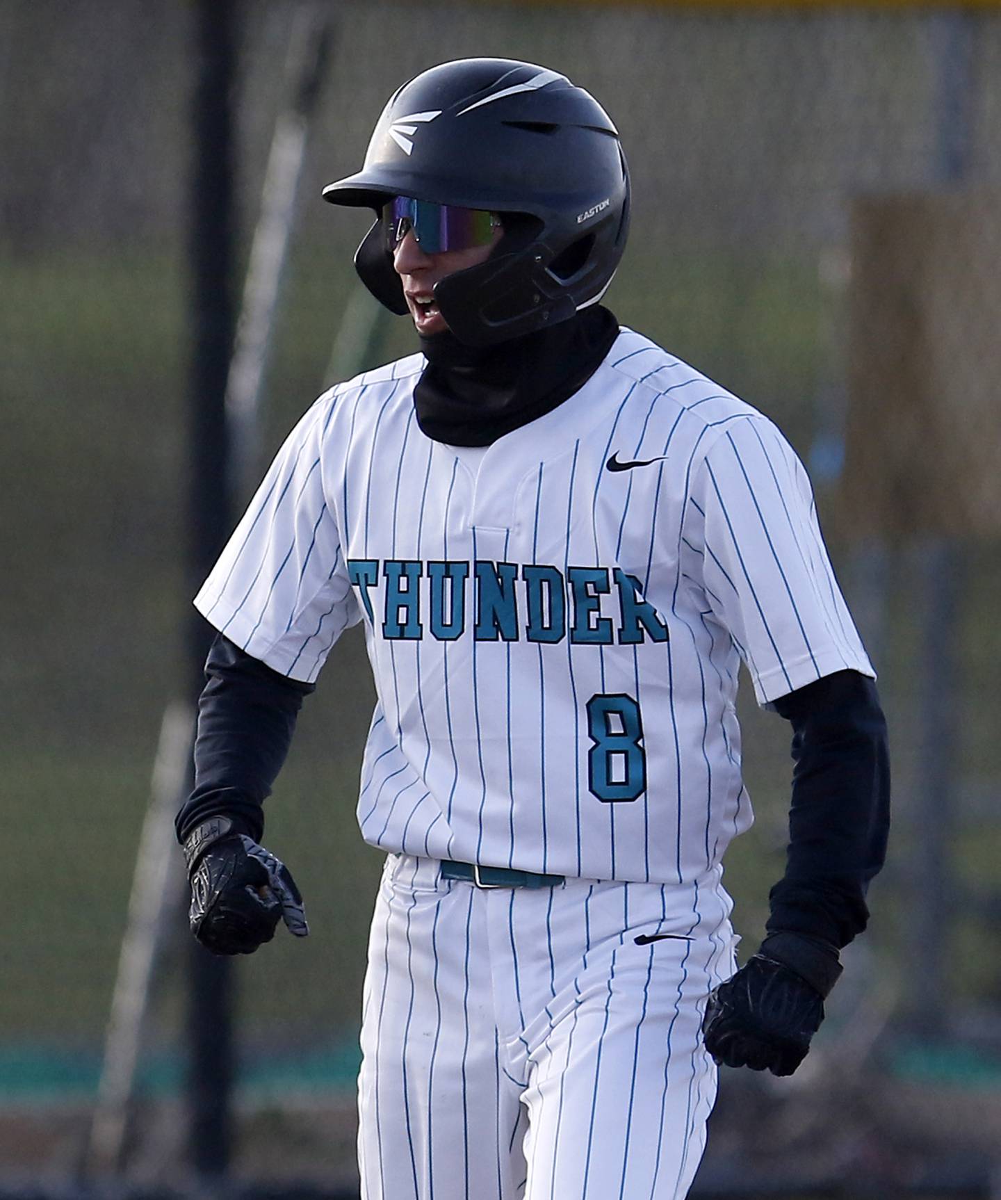 Woodstock North’s Sean Pigliacelli reacts to stalling third base during a Kishwaukee River Conference baseball game against Marengo Wednesday, April 25, 2023, at Woodstock North High School.