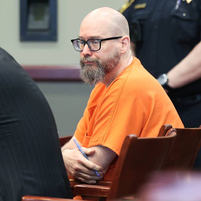 Jonathan Hurst listens to arguments by lead prosecutor Suzanne Collins in Judge Marcy Buick’s courtroom at the DeKalb County Courthouse in Sycamore Monday, April 29, 2024 during a hearing on his case. Hurst is charged with murder in the August 2016 slayings of mother and son, Patricia A. Wilson, 85 and Robert J. Wilson, 64, of Sycamore.