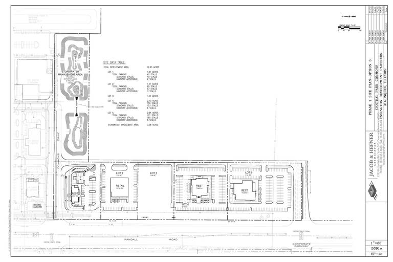 Site plan for a commercial development off of Randall Road in Algonquin that could include three restaurants and a tire center. The proposal was presented at a Committee of the Whole meeting on March 15, 2022.