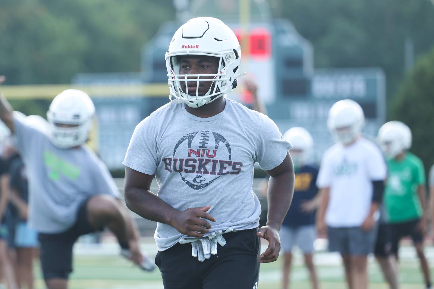 Providence’s Jamari Tribbett warms up on the first day of practice on Monday, Aug. 7, 2023 in New Lenox.