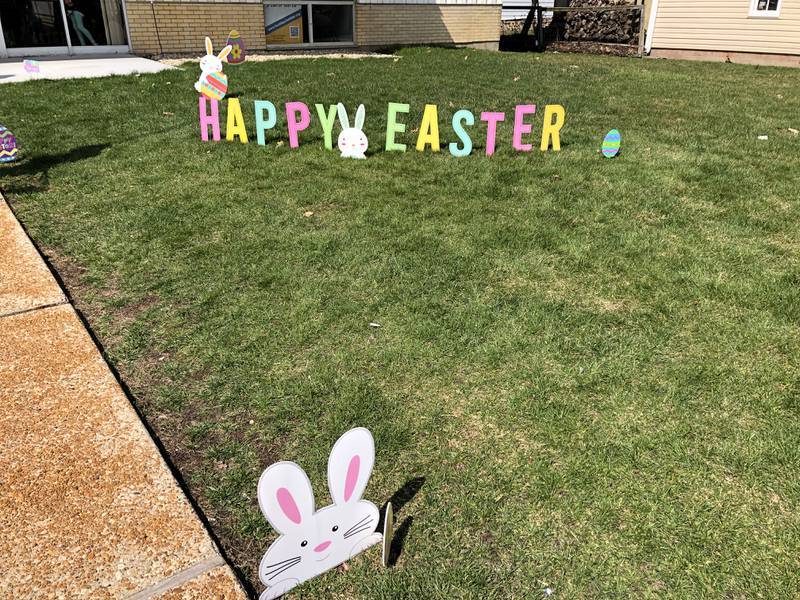 A "Happy Easter" sign at the Huntley Area Chamber of Commerce scavenger hunt March 29, 2024.