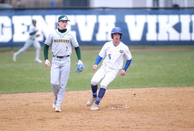 Geneva's Nelson Wendell rounds second base during a game against Waubonsie Valley on Wednesday, April 9, 2025 in Geneva.