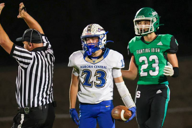 Crisci Aiden of Aurora Central Catholic holds ball whilst Brady Sheedy of Seneca questions referee on Friday, September 27, 2024 at Seneca high school in Seneca.