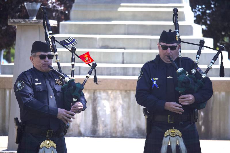 Members of the Joliet Police Pipes and Drums play music at the 44th Annual Will County Law Enforcement Memorial Day ceremony on Thursday, May 8, 2025, at the Will County Law Enforcement Memorial, 14 W. Jefferson St., Joliet.