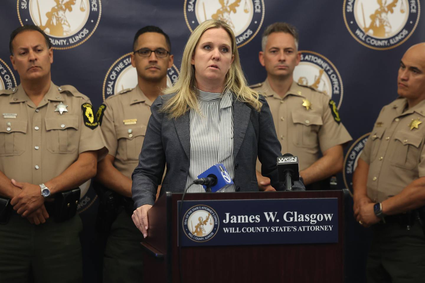 Will County Assistant State’s Attorney Christine Vukmir speaks at a media conference on the sentencing of Angel Casillas for the 2021 crash that left State Trooper Brian Frank severely injured at the Will County State Attorney Office on Tuesday, Sept. 5, 2023 in Joliet.