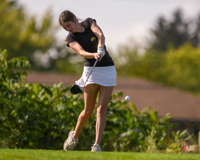 Aubrey Reagan of Batavia hits her ball after teeing off during the DuKane conference meet on Tuesday Sept. 23, 2025, held at Phillips golf course in Aurora.