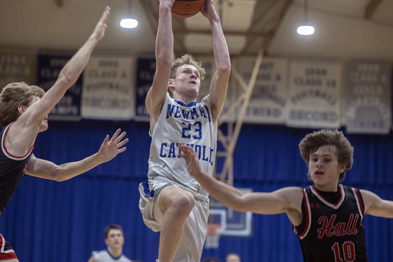 Newman’s Lucas Simpson puts up a shot against Hall Friday, Feb. 2, 2024 at Newman High School.