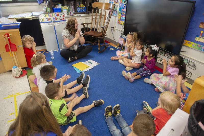 Riverdale Preschool Center teacher Janelle Dykstra teachers her class about insect communication Thursday. After much hard work, the Rock Falls school received the Gold Circle of quality by ExceleRate Illinois and the Illinois State Board of Education.