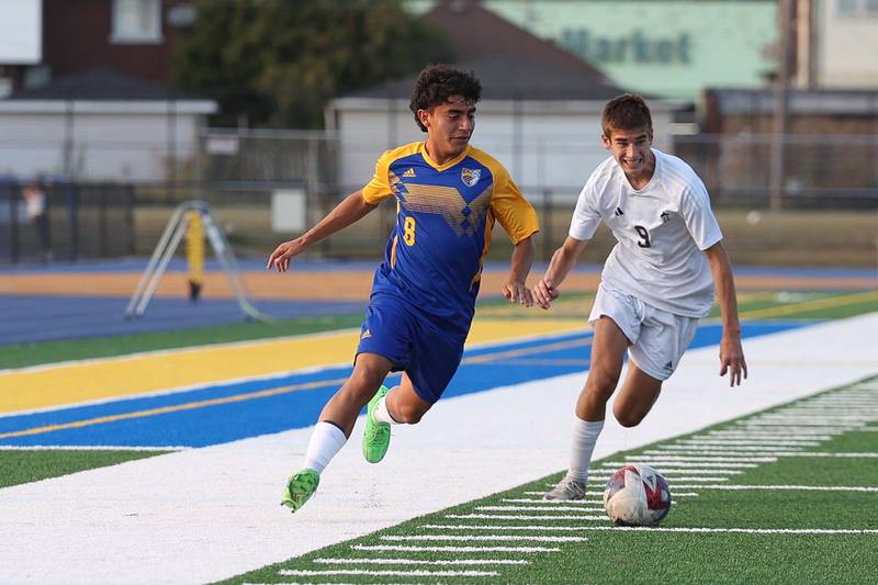 Joliet Central’s Garcia Duarte works the ball against Joliet Catholic’s Jackson Kodiak on Monday, Sept. 9, 2024 in Joliet.