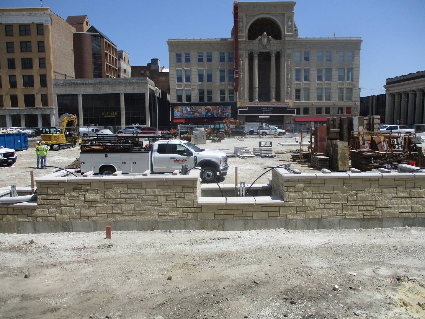 Construction work continued Thursday on the new city square being built in downtown Joliet across from the Rialto Square Theatre. May 8, 2025