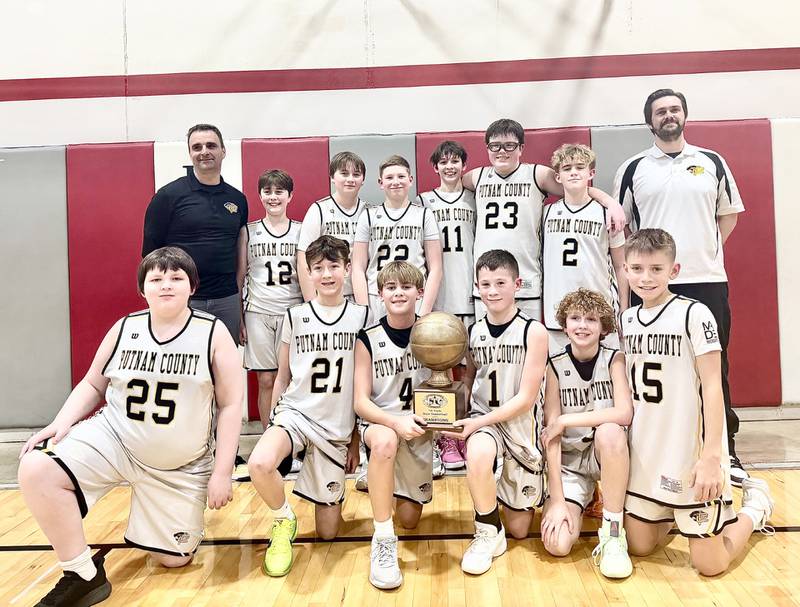 The Putnam County seventh grade boys basketball team beat El Paso 29-20 for the championship game of the Tri-County Tournament on Wednesday, Jan. 14. The Pumas beat Midland 54-37 in the first round. Team members are (front row, from left) Denny Long, Wyatt Rue, Sean King, Hans Frund, Mylo Mertel and Liam Judd; and (back row) Mike Borri, Jacob Borri, Mason King, Jace Newsome, Hudson Heiberger, Marshall Holocker, Liam Askeland and TJ Askeland.