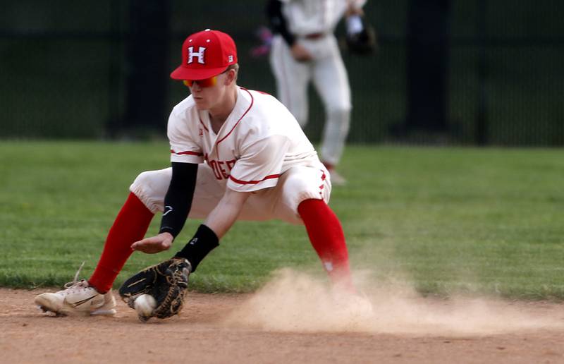 Huntley's Jack Ezell fields the ball during a Fox Valley Conference baseball game against Hampshire on Monday, April 28, 2025, at Huntley High School.