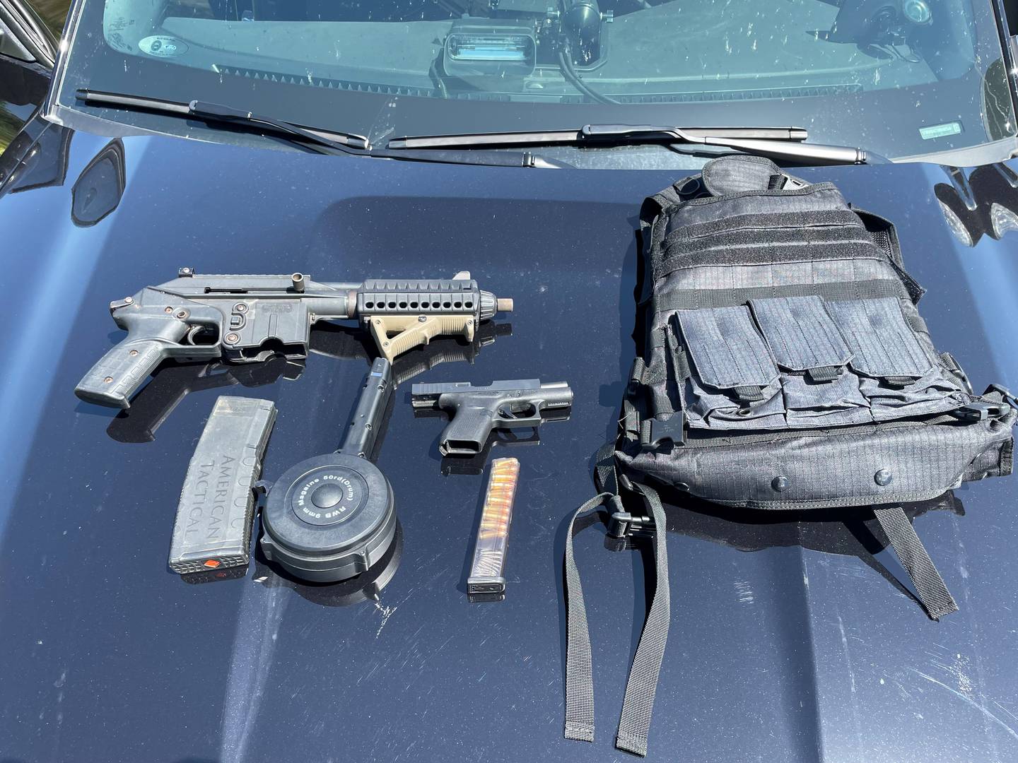 Kane County Sheriff’s deputies recovered a loaded Glock 42 .380 handgun, a Kel-Tec Pistol – which shoots 5.56 rounds – loaded with armor-piercing ammunition, a ballistic vest rated to stop rifle rounds and an additional 50-round drum magazine in a gun seizure following a road rage incident. The occupants of a vehicle were accused of aiming firearms at other motorists I-90 near Tyrell Road in Hampshire Township.