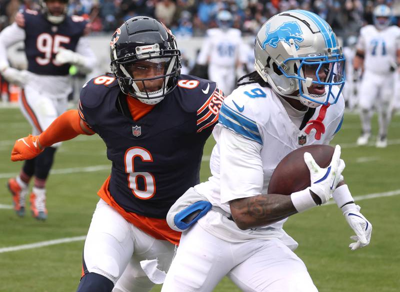 Detroit Lions wide receiver Jameson Williams gets by Chicago Bears cornerback Kyler Gordon during their game Sunday, Dec. 22, 2024, at Soldier Field in Chicago.
