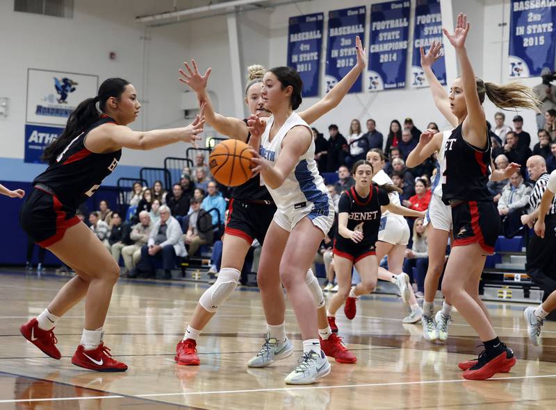 Nazareth's Samantha Austin (2) tries to escape the Benet defense during a girls varsity basketball game between Benet and Nazareth academies on Saturday, Dec. 14, 2024 in La Grange Park.