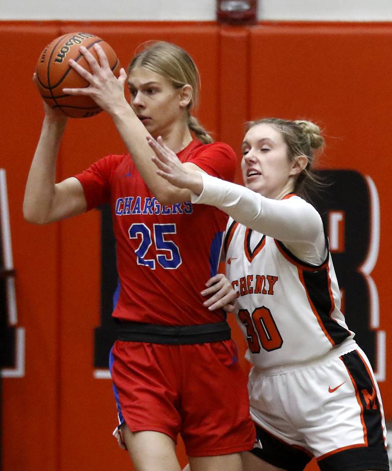 Monica Sierzputowski passes as she is defended by McHenry's Ali Ahrens during a Fox Valley Conference girls basketball game on Tuesday, Dec. 12, 2023, at McHenry High School.