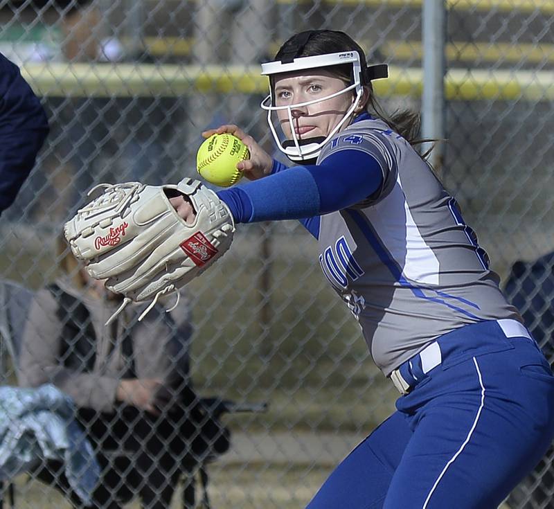 Marquette 3rd basemen Marea Jimenez sets to throw to first after catching a shot down the line in the 1st inning on Monday, March 27, 2023 at Marquette.