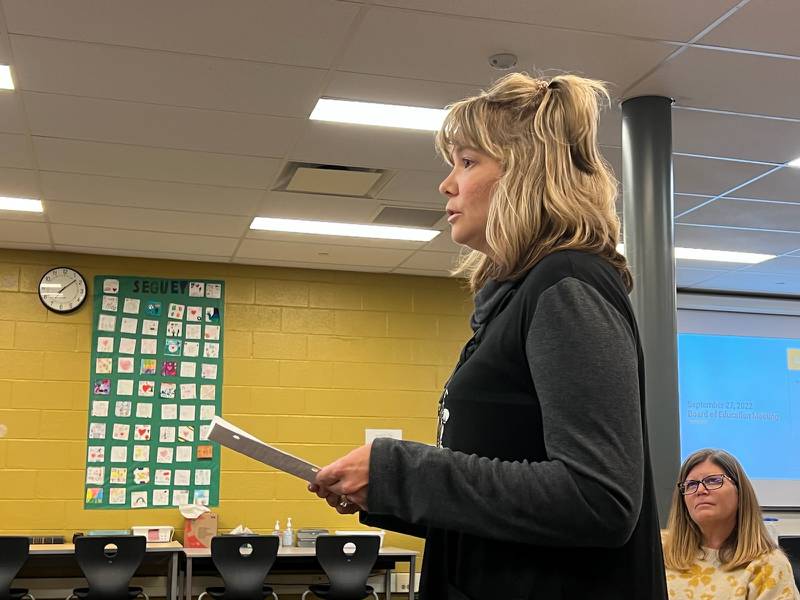 Nicole Crome, mother of two Sycamore High School student athletes, including one senior, speaks during the Sept. 27, 2022 Sycamore school board meeting.