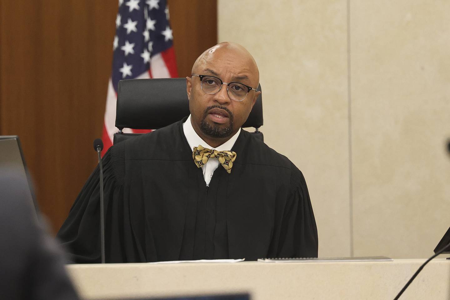 Judge Vincent Cornelius presides over the Jan Hansen arraignment at the Will County Courthouse on Thursday June 27, 2024 in Joliet. Hansen was arrested in May in connection with the Joliet murder spree that left 8 people dead in January.