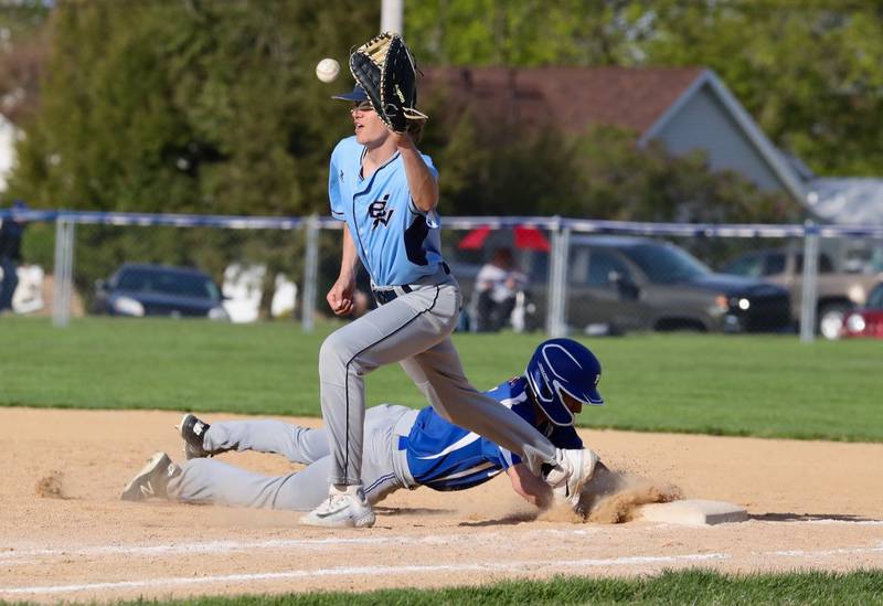 Bureau Valley first baseman Brik Rediger takes the throw Thursday at Prather Field. The Tigers won 12-2.