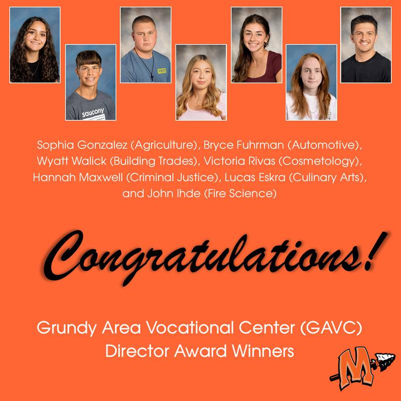 GAVC Director Award winners in January were (from left to right) Sophia Gonzalez, agriculture, Bryce Fuhrman, automotive, Wyatt Walick, building trades, Victoria Rivas, cosmetology, Hannah Maxwell, criminal justice, Lucas Eskra, culinary arts, and John Ihde, fire science.