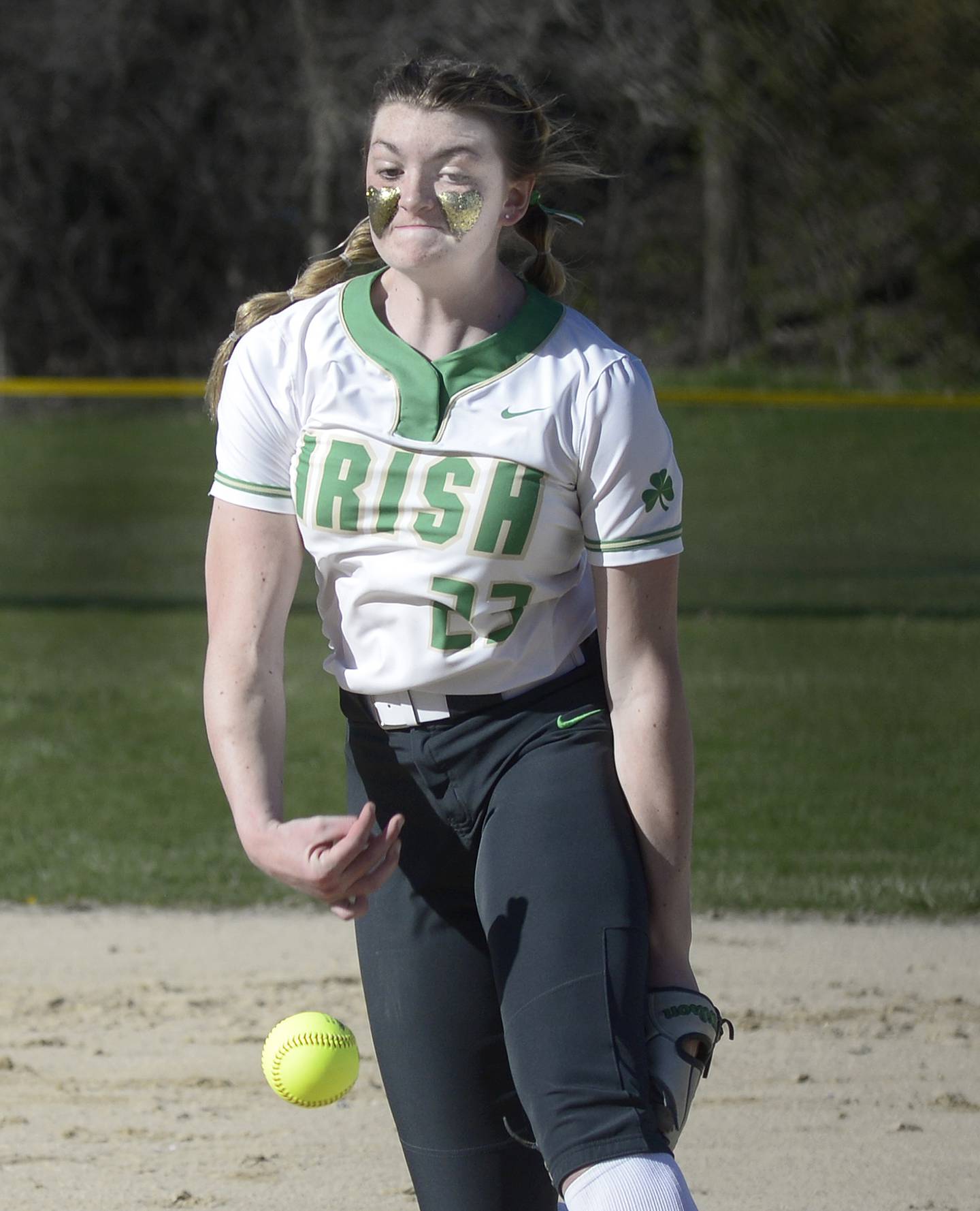 Seneca starting pitcher Tessa Krull lets go with a pitch to a Newark batter Monday at Newark.