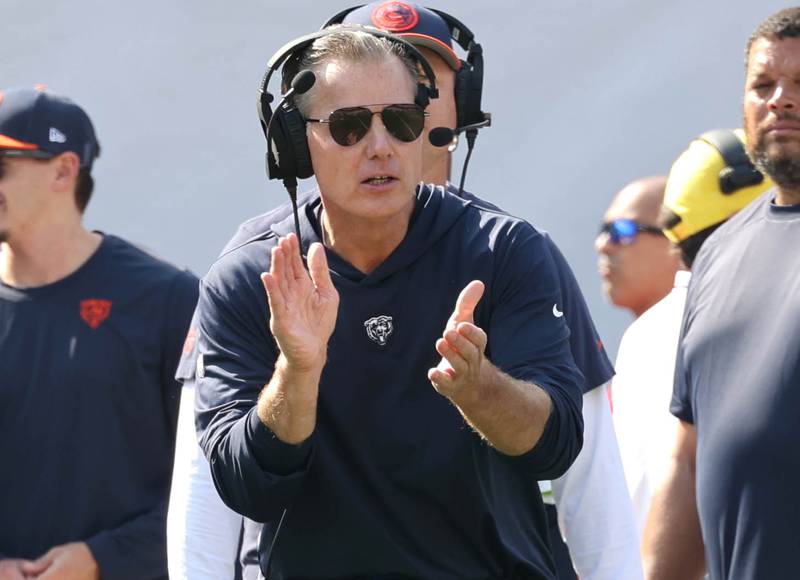 Chicago Bears head coach Matt Eberflus encourages his team during their game against the Green Bay Packers Sunday, Sept. 10, 2023, at Soldier Field in Chicago.