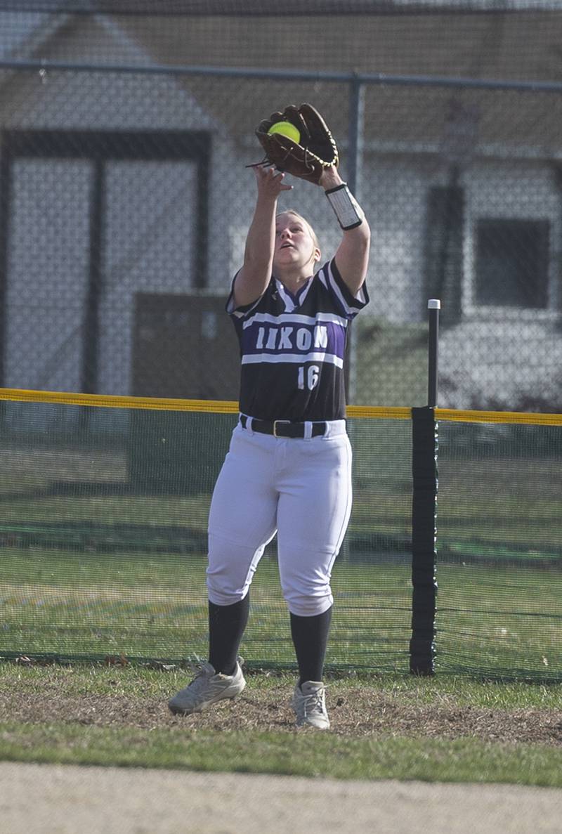 Dixon’s Presley Carver hauls in a fly ball in centerfield against Sterling Tuesday, March 24, 2026.