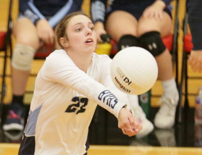 Bureau Valley's libero Katelyn Stoller returns a serve from Hall in the Class 2A Regional game on Monday, Oct. 24, 2022 at Hall High School in Spring Valley.