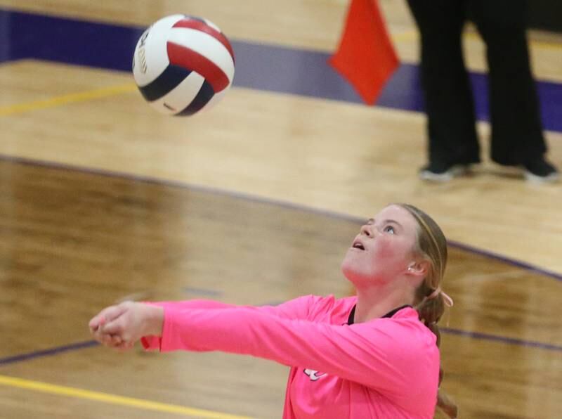 Earlville's Audrey Scherer bumps the ball back to the Parkview Christian side of the net during the Class 1A Regional semifinal game on Monday, Oct. 28, 2024 at Serena High School.