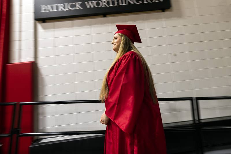 Sauk Valley Community College graduate Lindsay Good takes the stage to deliver a speech Friday, May 9, 2025, during SVCC’s commencement.