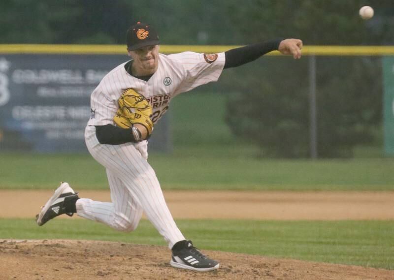 Illinois Valley Pistol Shrimp's Jared Herzog of Ottawa, fires a pitch against the Normal Cornbelters during the Illinois Valley Pistol Shrimp home opener on Friday, May 30, 2025 at Schweickert Stadium in Peru.