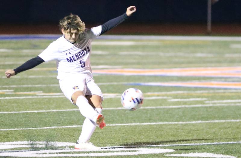 Mendota's Maurico Martinez kicks the ball into the box against Normal U-High during the Class 1A State semifinal game on Thursday, Nov. 7, 2024 at Hoffman Estates High School.