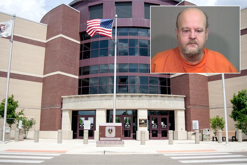 Inset of Christopher C. Trimpe in front of Northwest Herald file photo of McHenry County courthouse.