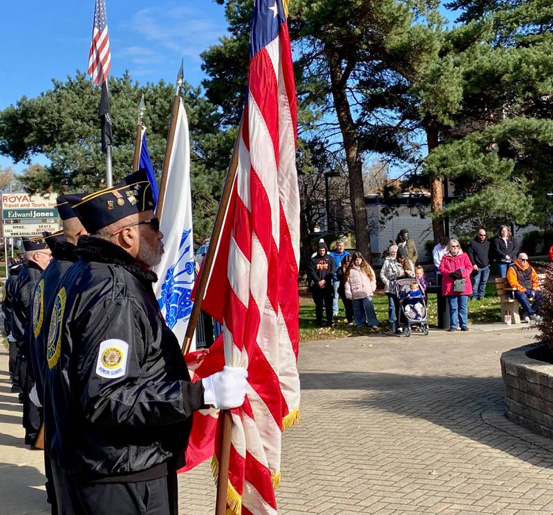 Members of the American Legion Post No. 66 Honor Guard stand resolute during the Legion's annual Veterans Day ceremony in downtown DeKalb Saturday, Nov. 11, 2023.