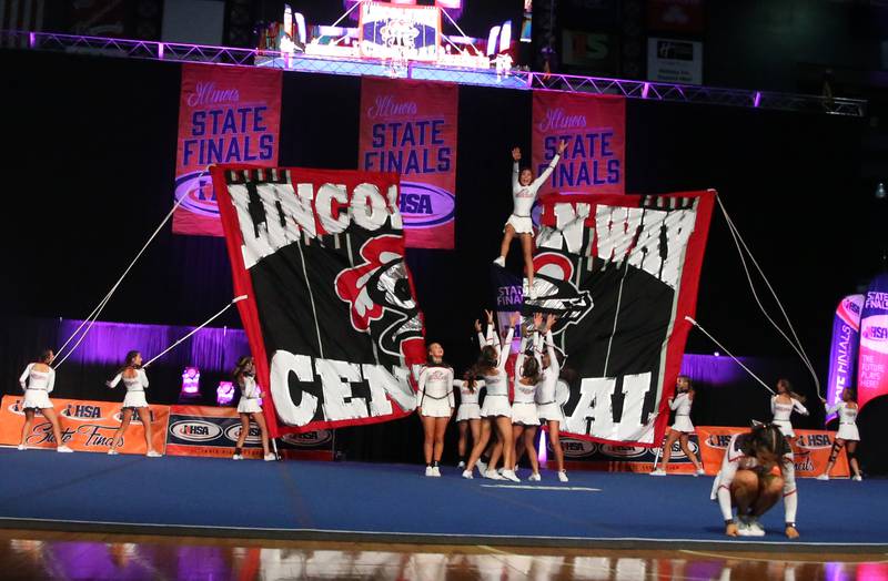 Members of the Lincoln Way Central cheerleading team perform during the Competitive Cheerleading State Finals on Saturday, Feb. 3, 2024 at Grossinger Motors Arena in Bloomington.