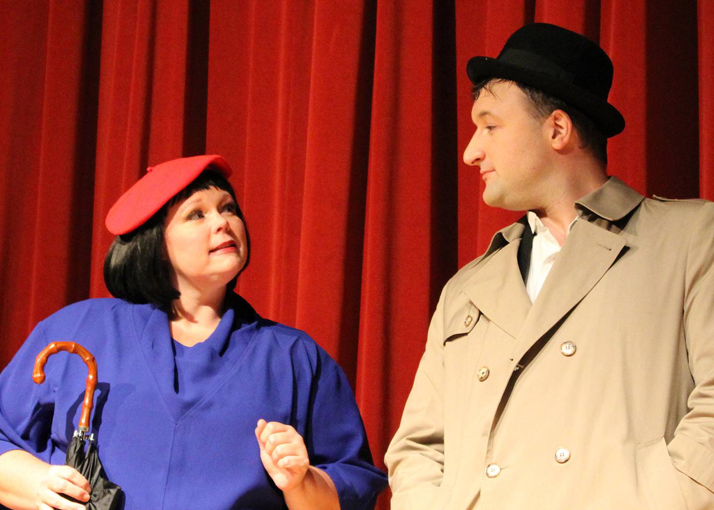 Jennifer Kirkman and Ken Persky interact as Agent 99 and Agent 86 in Engle Lane's performance of "Get Smart."