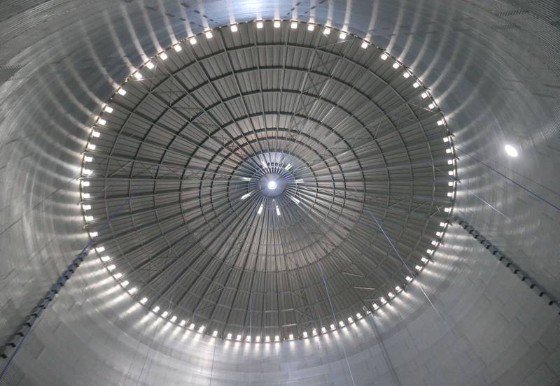 A view inside a new 1.3 million bushel grain bin on Friday, Sept. 26, 2025 at the Ladd Elevator. The bin will be in service this fall.