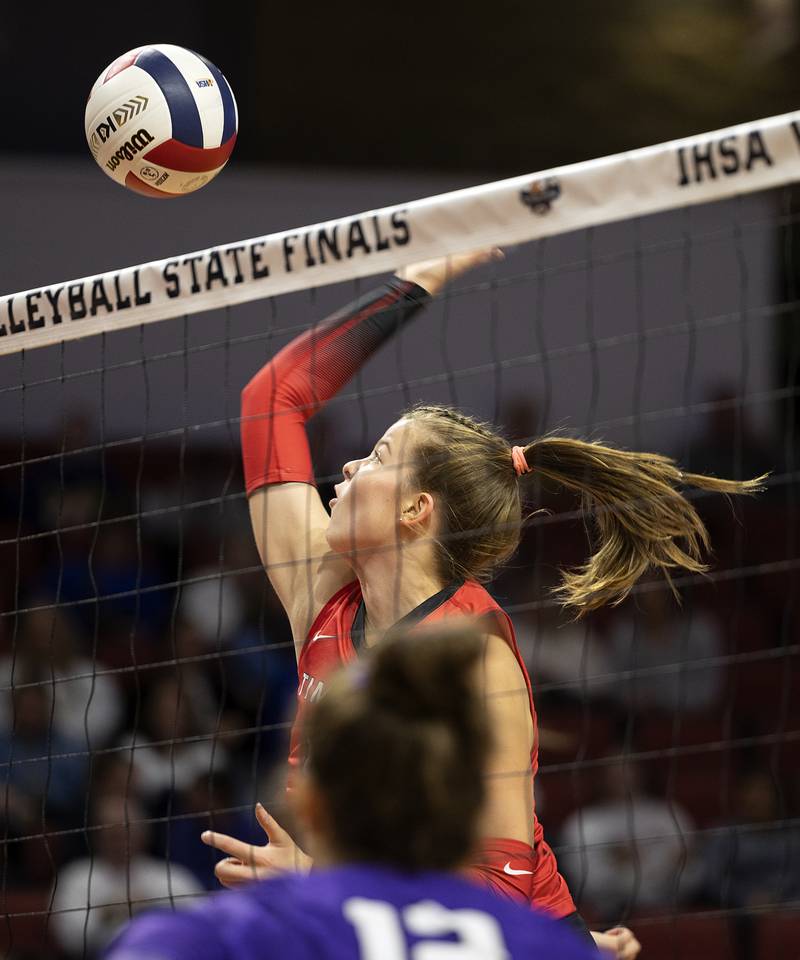 Timothy Christian's Ella Rickert against El Paso-Gridley Saturday, Nov. 16, 2024, in the Class 2A third place state volleyball match at CEFCU Arena in Normal.