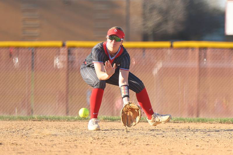 Ottawa’s Piper Lewis looks to field a ground ball against Morris on Wednesday, April 8, 2026 in Morris.
