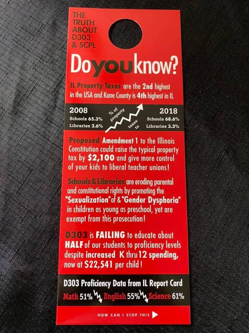 Election door hangers attacking the St. Charles Public Library and St. Charles School District 303 for promoting critical race theory and social emotional learning are being distributed throughout the city.