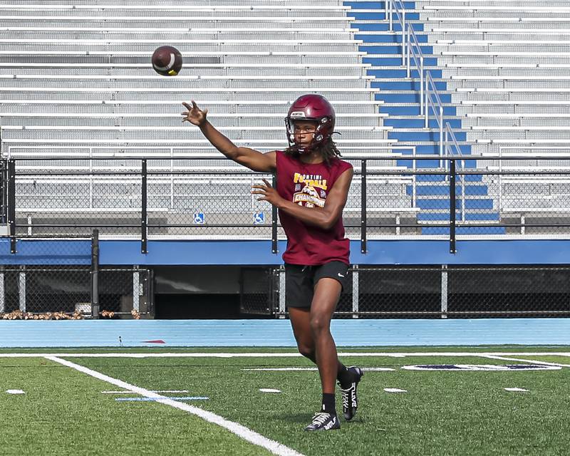 Montini's Izzy Abrams throws a pass which resulted in a touchdown during the Downers Grove South 7 on 7 football tournament, July 12, 2025  in Downers Grove.